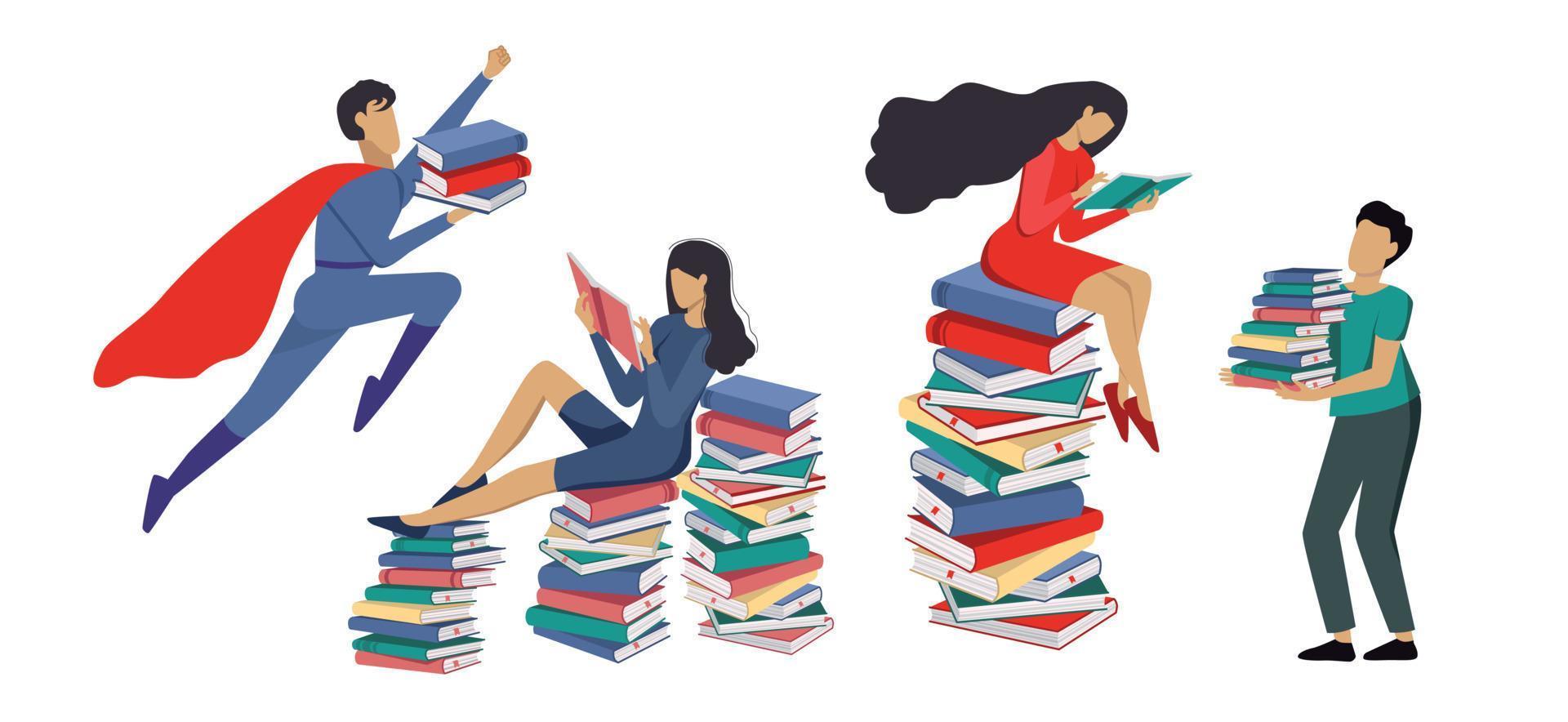 People with books. Man flies with books. Ladies reading book. Flat cartoon vector illustration.