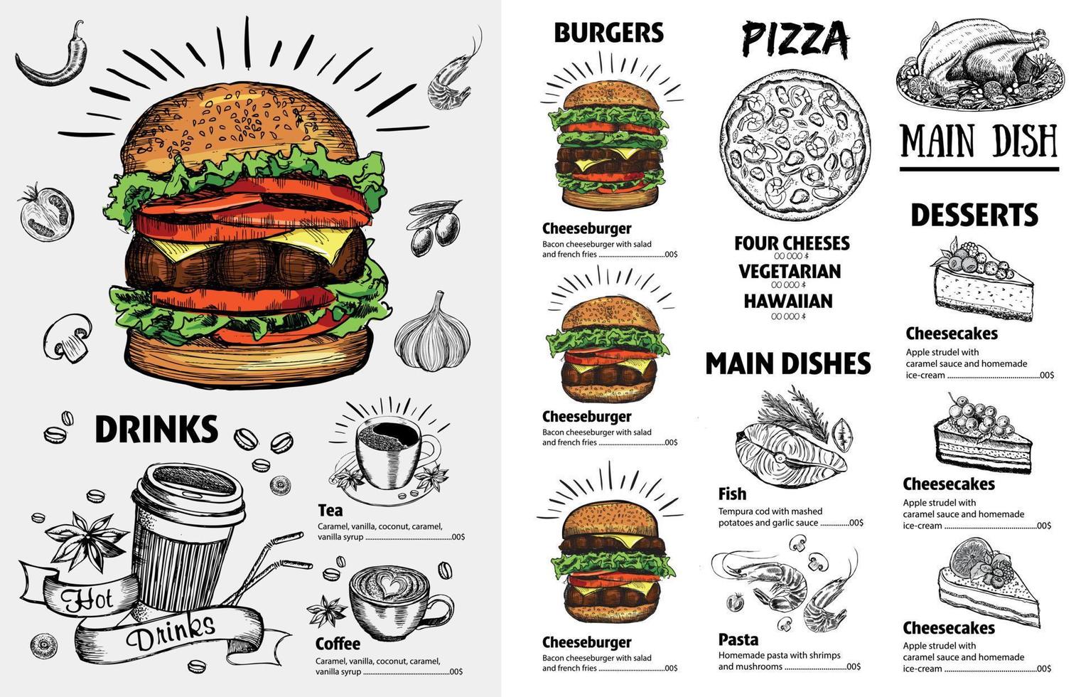 Menu restaurant brochure. Flyer with hand-drawn graphic. vector