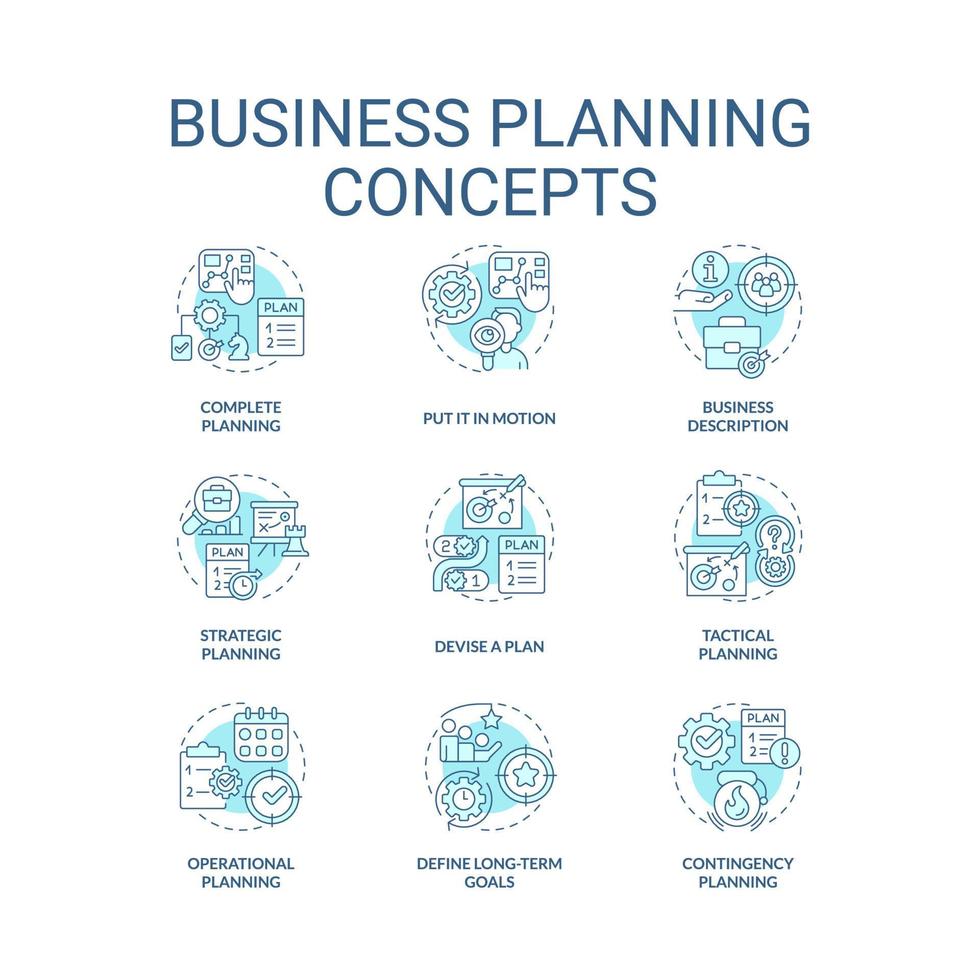 Business planning turquoise concept icons set. Building growth strategy ...