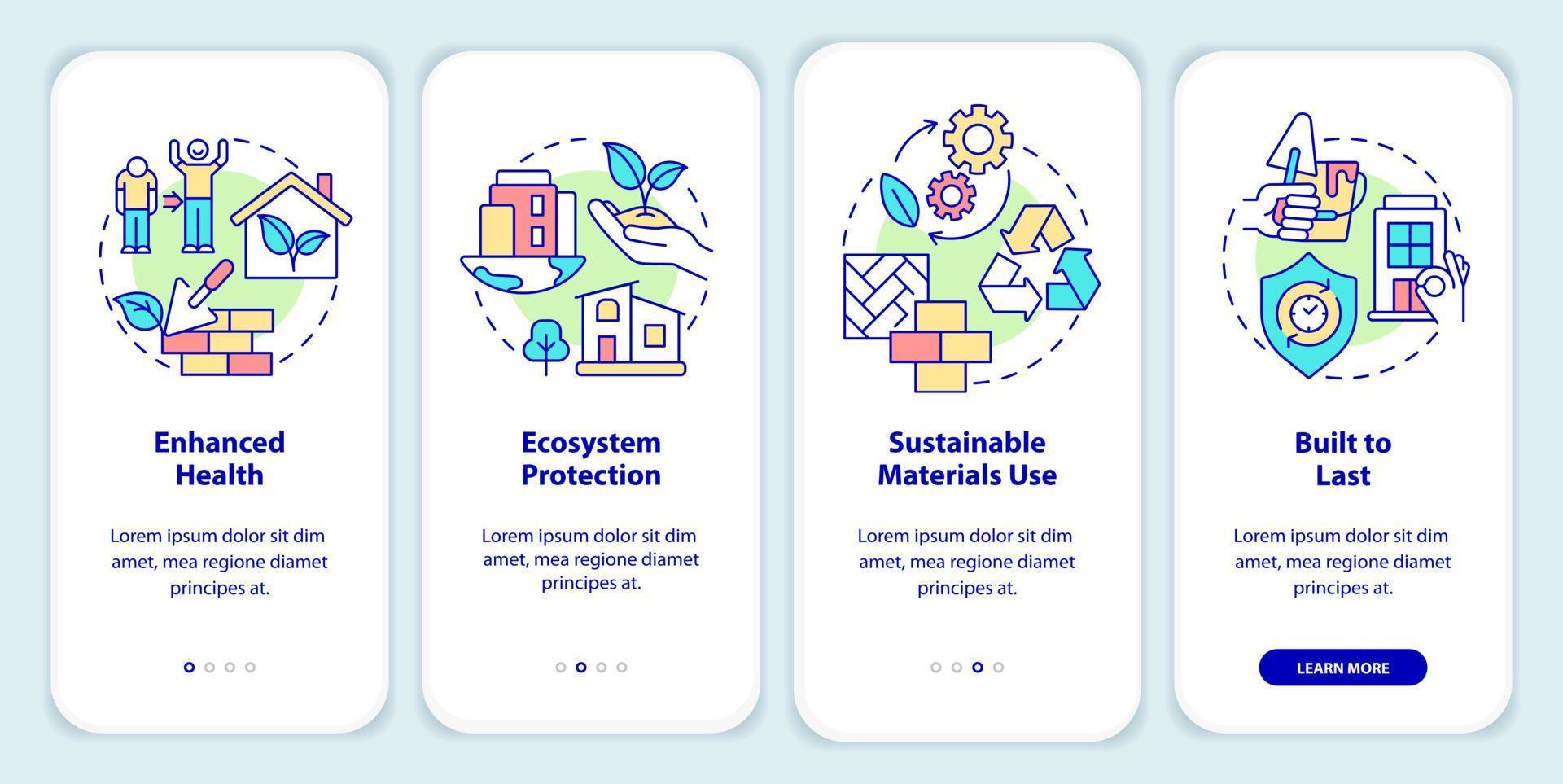 beneficios de la arquitectura sostenible incorporando la pantalla de la aplicación móvil. tutorial 4 pasos páginas de instrucciones gráficas con conceptos lineales. interfaz de usuario, ux, plantilla de interfaz gráfica de usuario. vector
