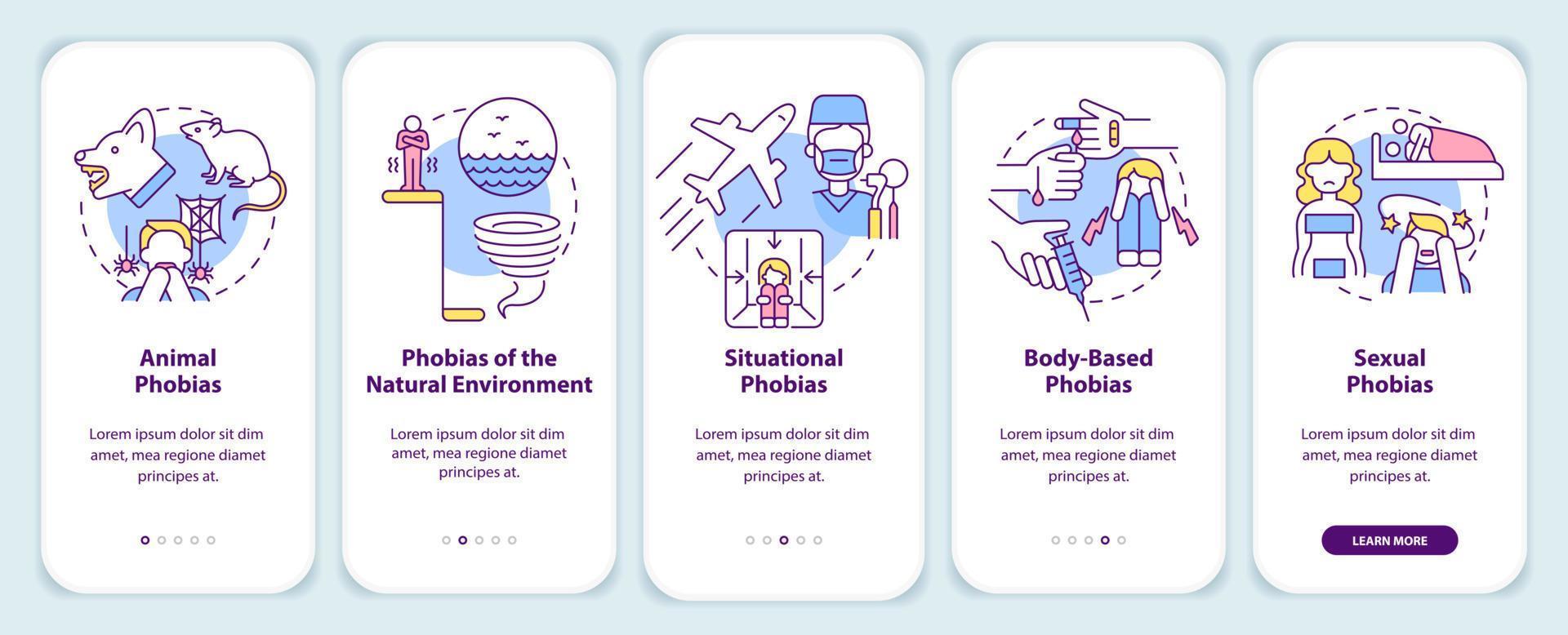 Specific phobias onboarding mobile app screen. Anxiety disorder walkthrough 5 steps graphic instructions pages with linear concepts. UI, UX, GUI template. vector
