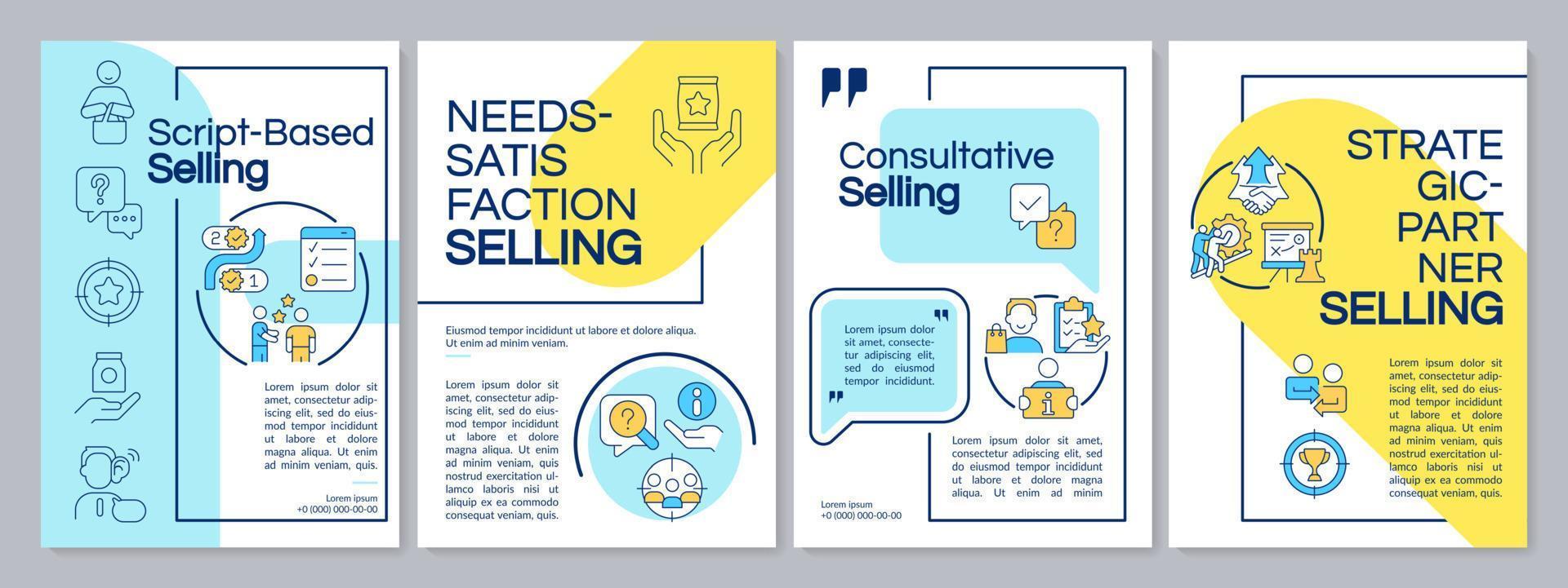 Selling strategies blue, yellow brochure template. Trends in marketing. Leaflet design with linear icons. Editable 4 vector layouts for presentation, annual reports.