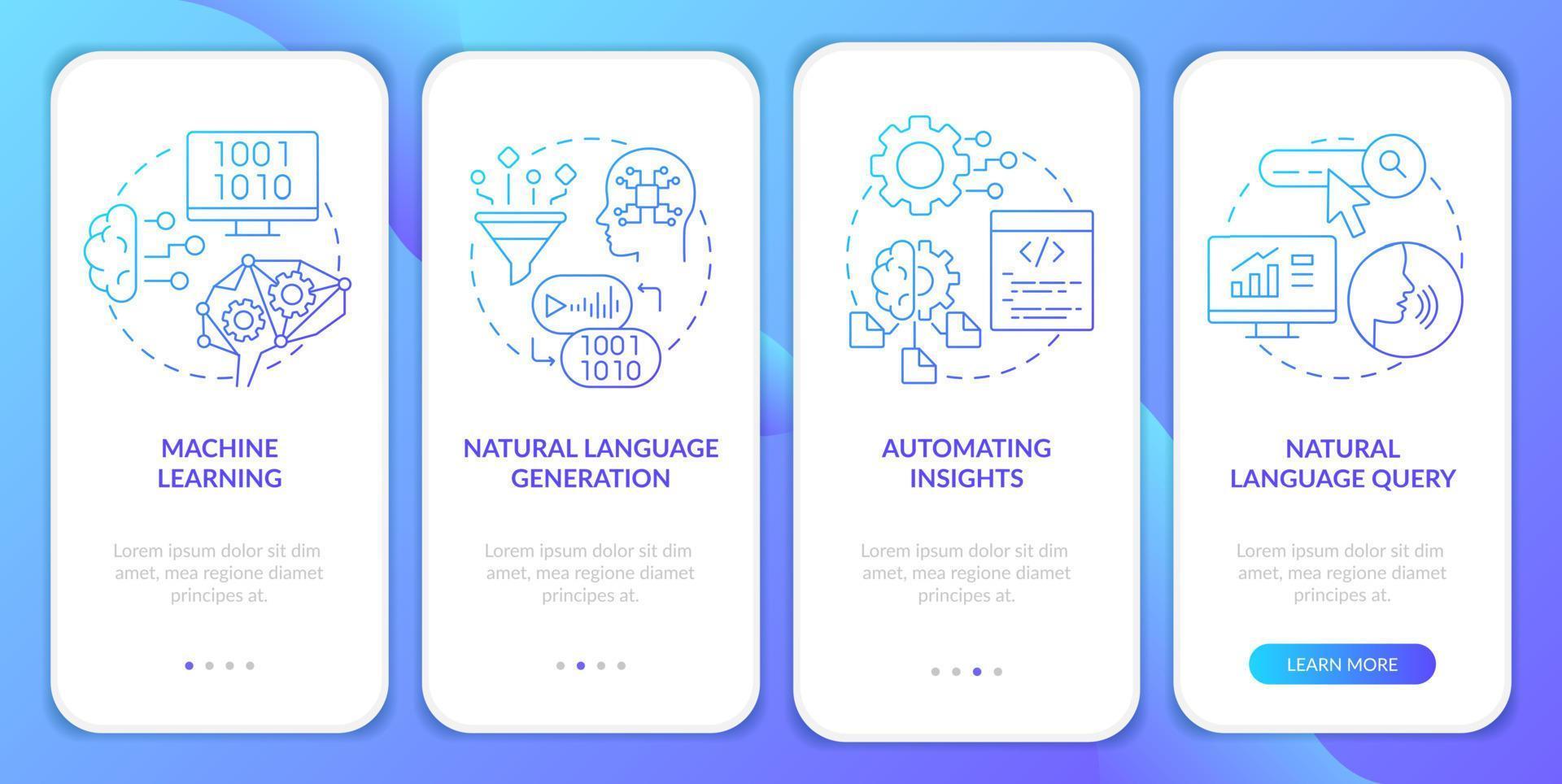 Augmented data management blue gradient onboarding mobile app screen. Walkthrough 4 steps graphic instructions pages with linear concepts. UI, UX, GUI template. vector