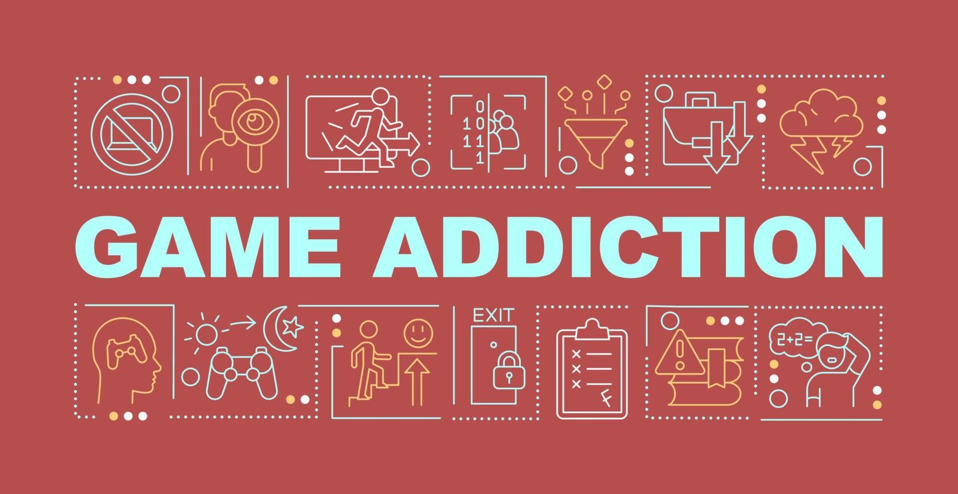 Game addiction word concepts red banner. Emotional obsession problem. Infographics with icons on color background. Isolated typography. Vector illustration with text.