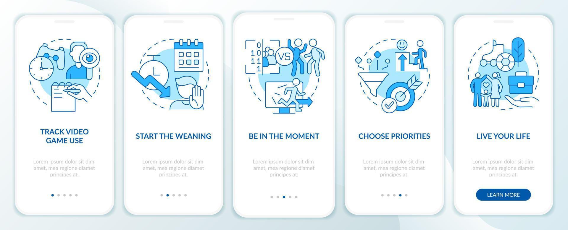 Coping with gaming addiction blue onboarding mobile app screen. Internet walkthrough 5 steps graphic instructions pages with linear concepts. UI, UX, GUI template. vector