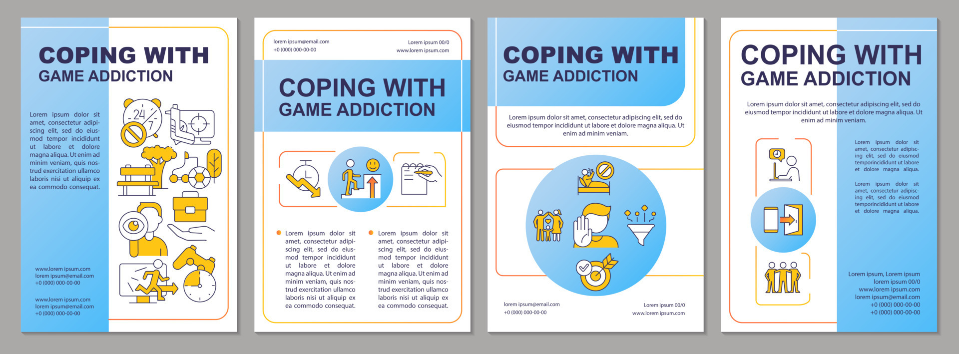 Coping with game addiction blue brochure template. Break with bad habit