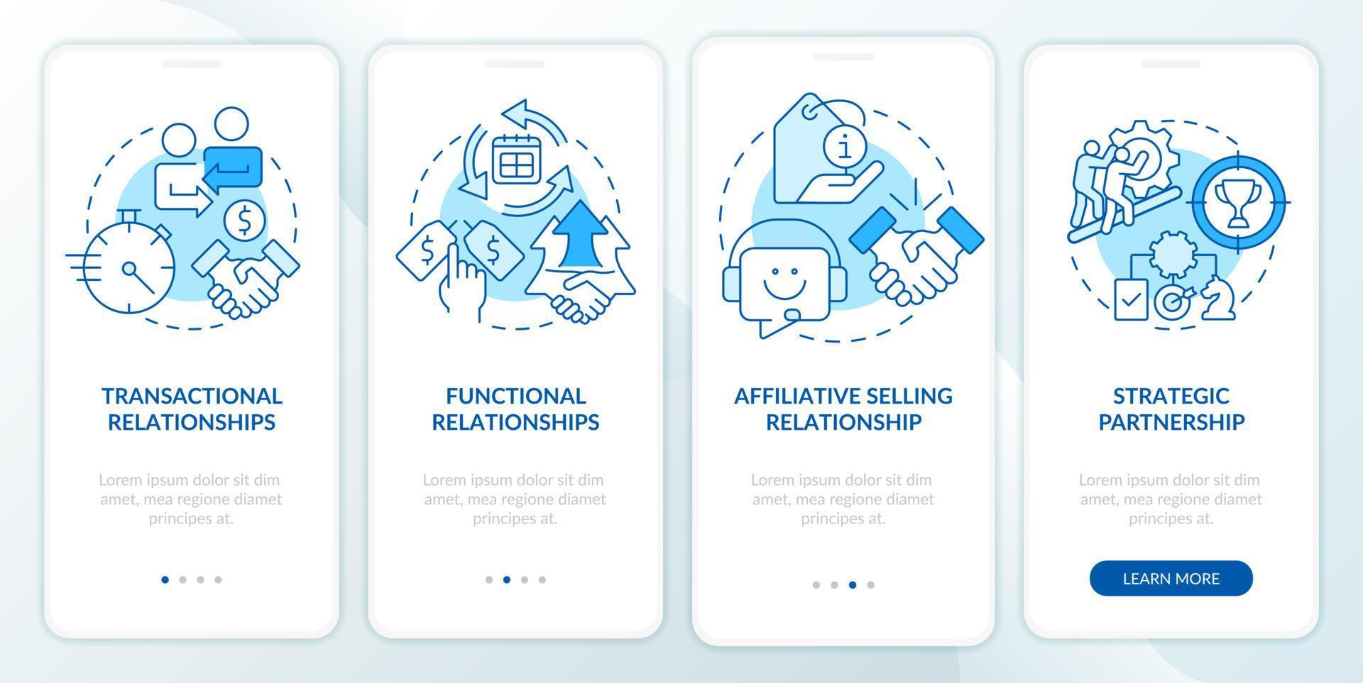 Types of sales relationships blue onboarding mobile app screen. Trade walkthrough 4 steps editable graphic instructions with linear concepts. UI, UX, GUI template. vector