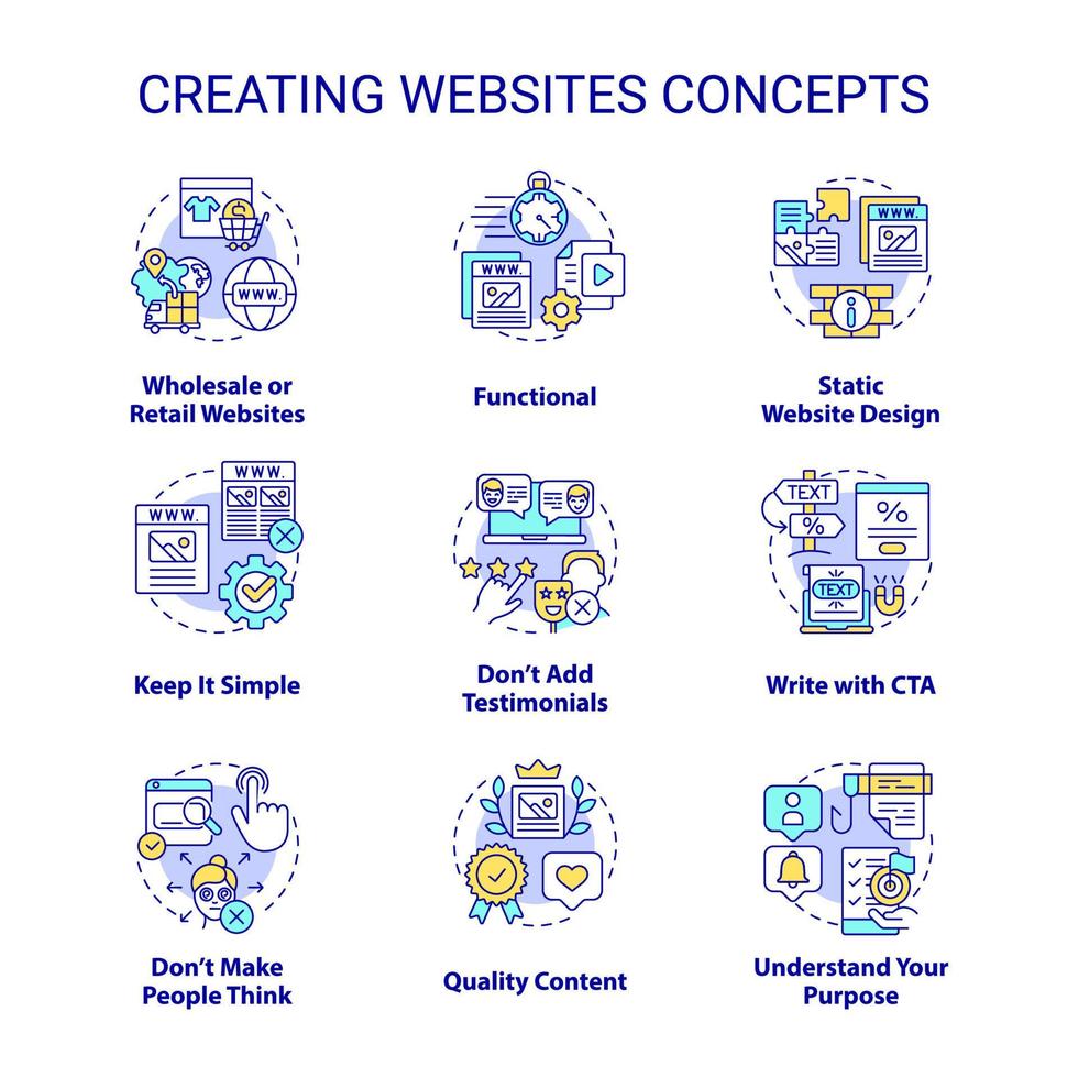 creación de conjunto de iconos de concepto de sitios web. aprendizaje idea de desarrollo web ilustraciones en color de línea delgada. contenido de calidad, diseño. símbolos aislados. trazo editable. vector