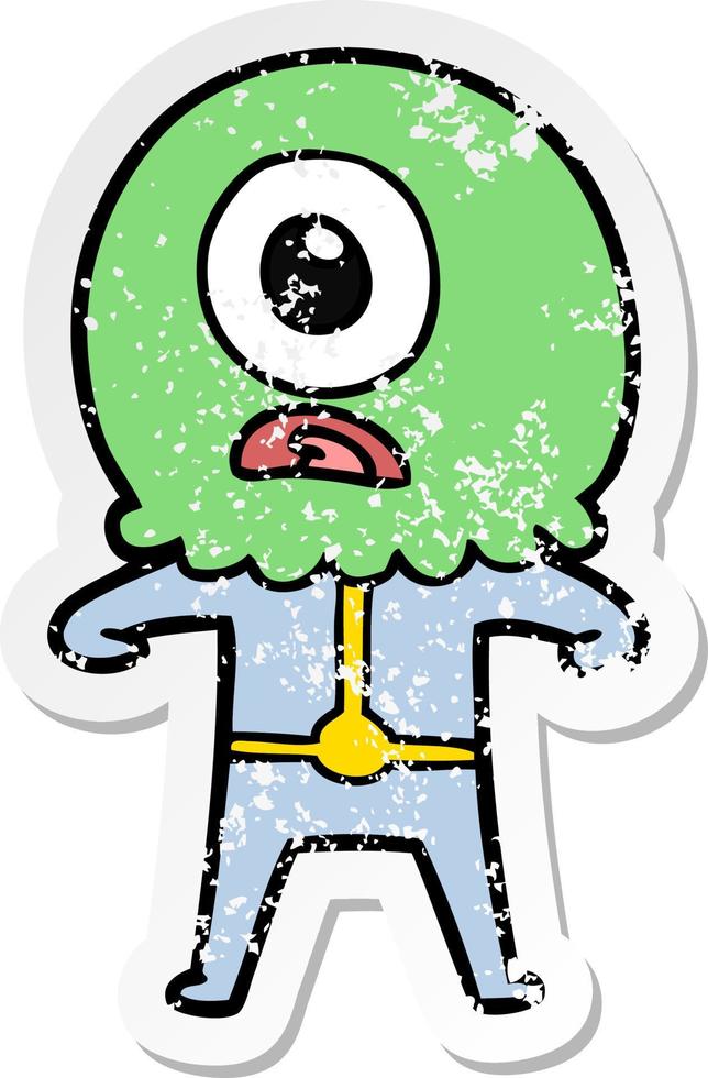 distressed sticker of a cartoon cyclops alien spaceman vector