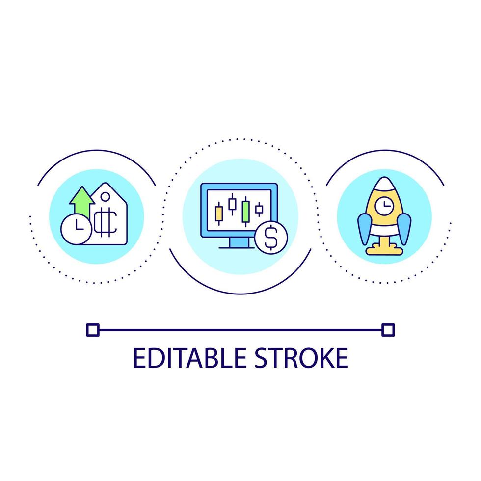 Cryptocurrency rate raising loop concept icon. Investor profit. Digital current success abstract idea thin line illustration. Isolated outline drawing. Editable stroke. vector