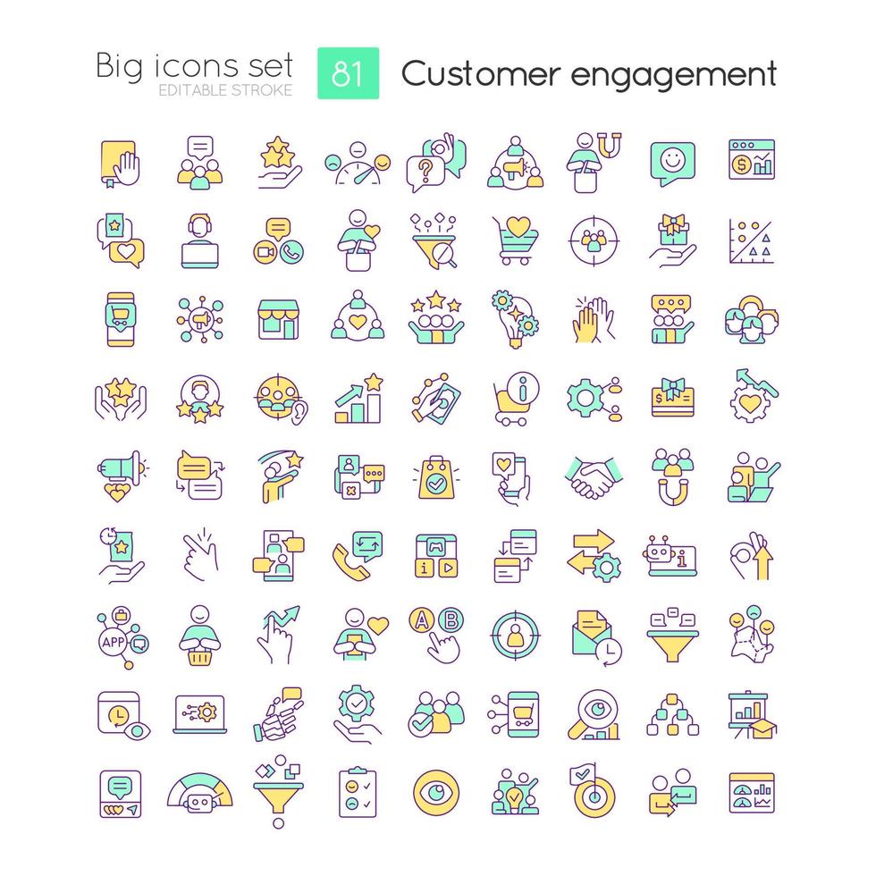 Customer engagement RGB color icons set. Ecommerce. Marketing strategies. Isolated vector illustrations. Simple filled line drawings collection. Editable stroke.