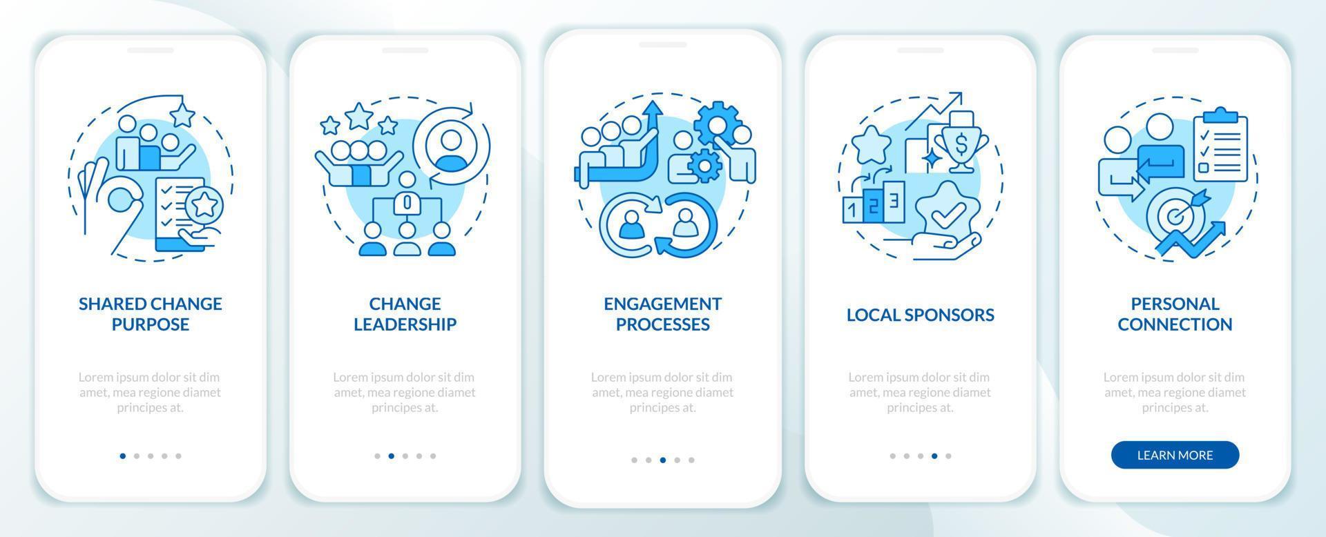 Critical success factors blue onboarding mobile app screen. Business walkthrough 5 steps editable graphic instructions with linear concepts. UI, UX, GUI template. vector