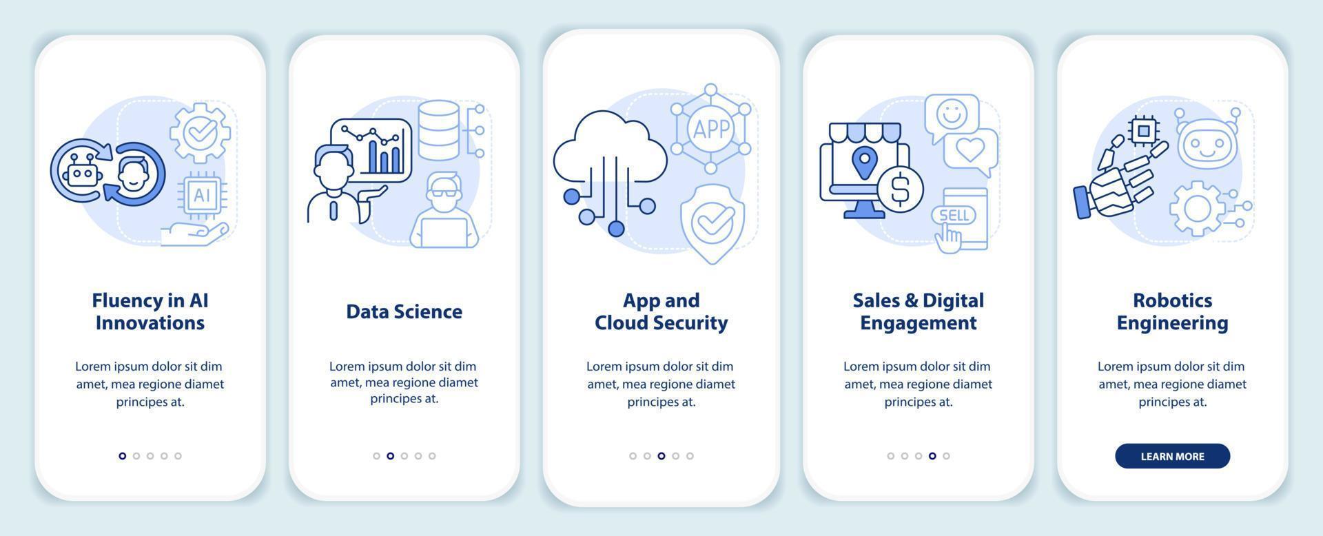 In demand skills in IT industry light blue onboarding mobile app screen. Walkthrough 5 steps graphic instructions pages with linear concepts. UI, UX, GUI template. vector