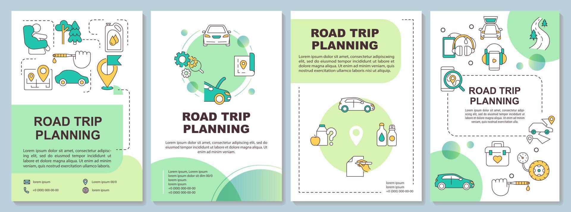 Road trip planning green brochure template. Car tourism. Leaflet design with linear icons. Editable 4 vector layouts for presentation, annual reports.