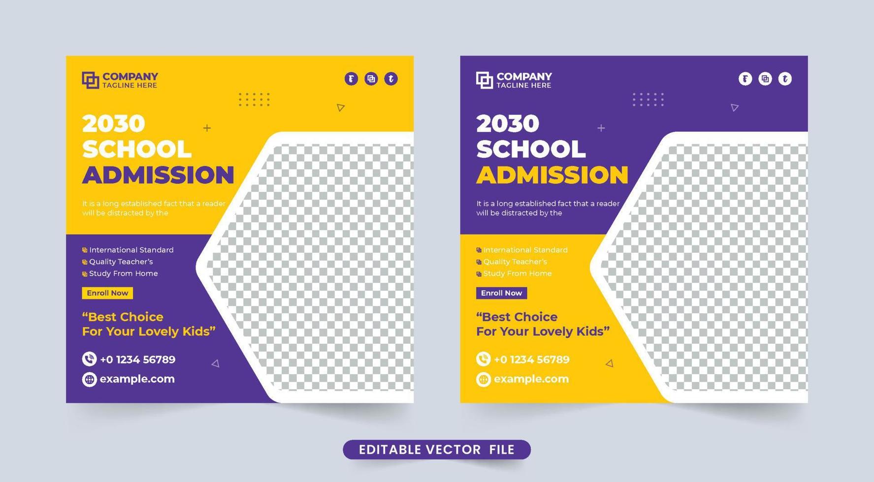 Back-to-school social media post vector with abstract shapes. College admission and academic course promotional template design. Creative school admission advertisement template vector.