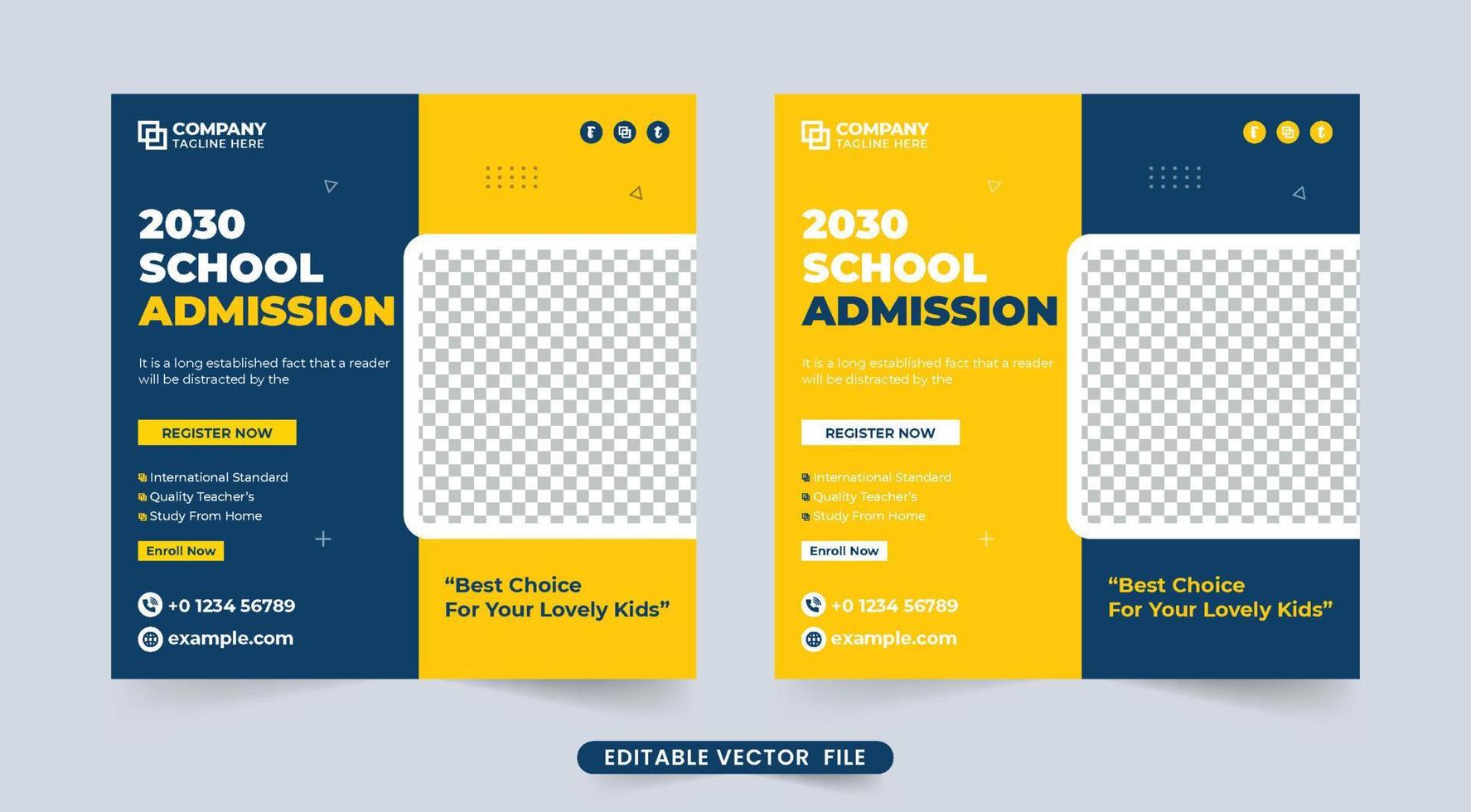School study purpose and admission social media post design with purple and yellow colors. Back-to-school promotion banner and social media template. Educational template vector for registration.