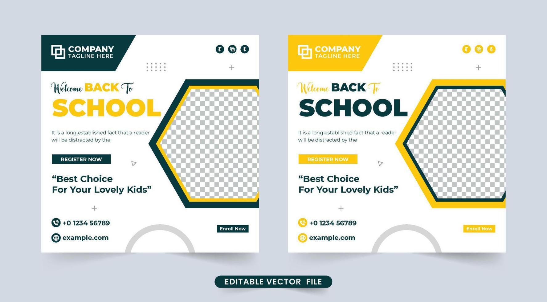 Simple school admission template vector with abstract shapes. Academic course promotion and college advertisement template design on white backgrounds. Back-to-school social media post.