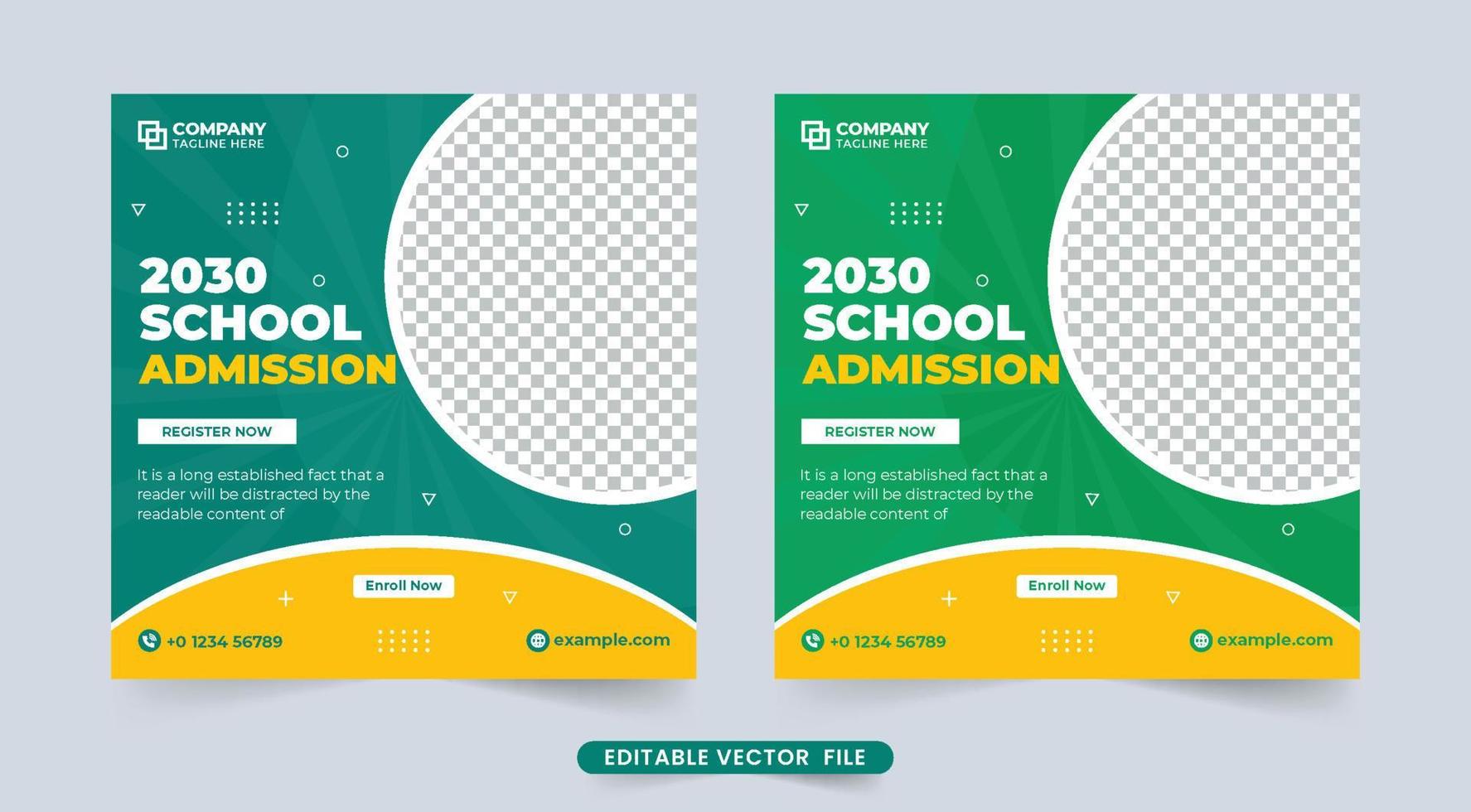 plantilla de publicación de redes sociales de admisión a la escuela creativa con formas abstractas. vector de plantilla de promoción de cursos educativos y académicos con colores verde y amarillo. diseño de banner web de registro escolar.