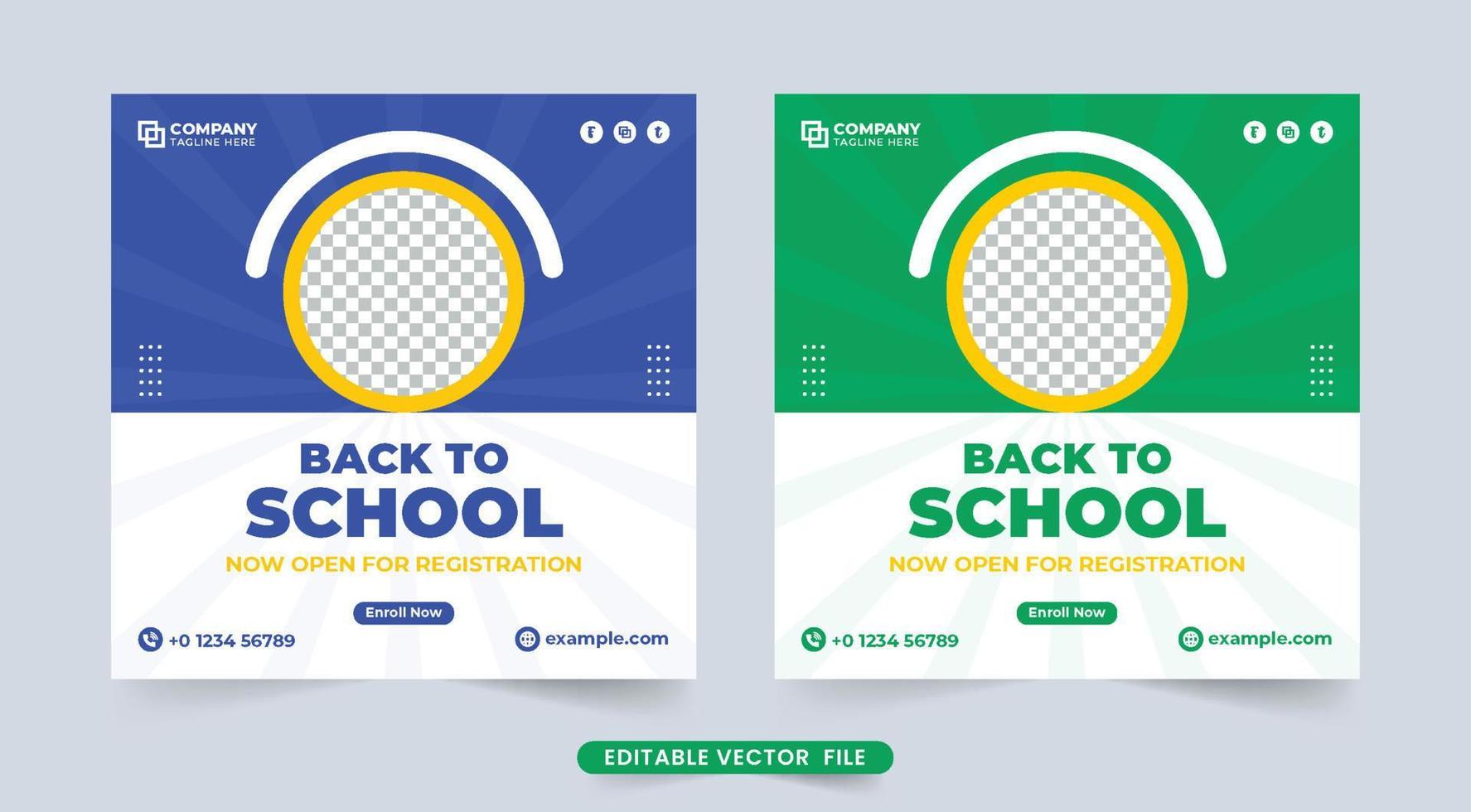 School admission social media post template vector with blue and green colors. Creative college registration social media design for kids' education. Academic course promotion poster vector.