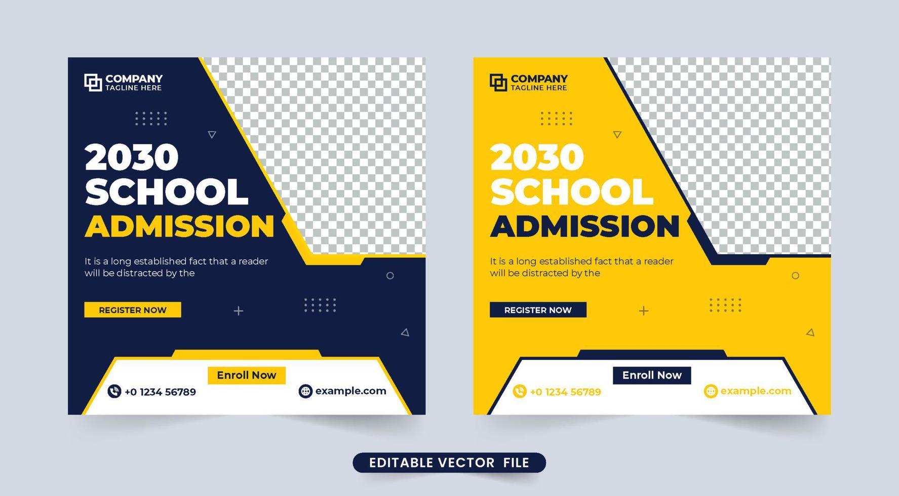 School admission social media post vector with yellow and dark colors. Academic and educational poster design with abstract shapes. School registration template vector. Back-to-school template design.