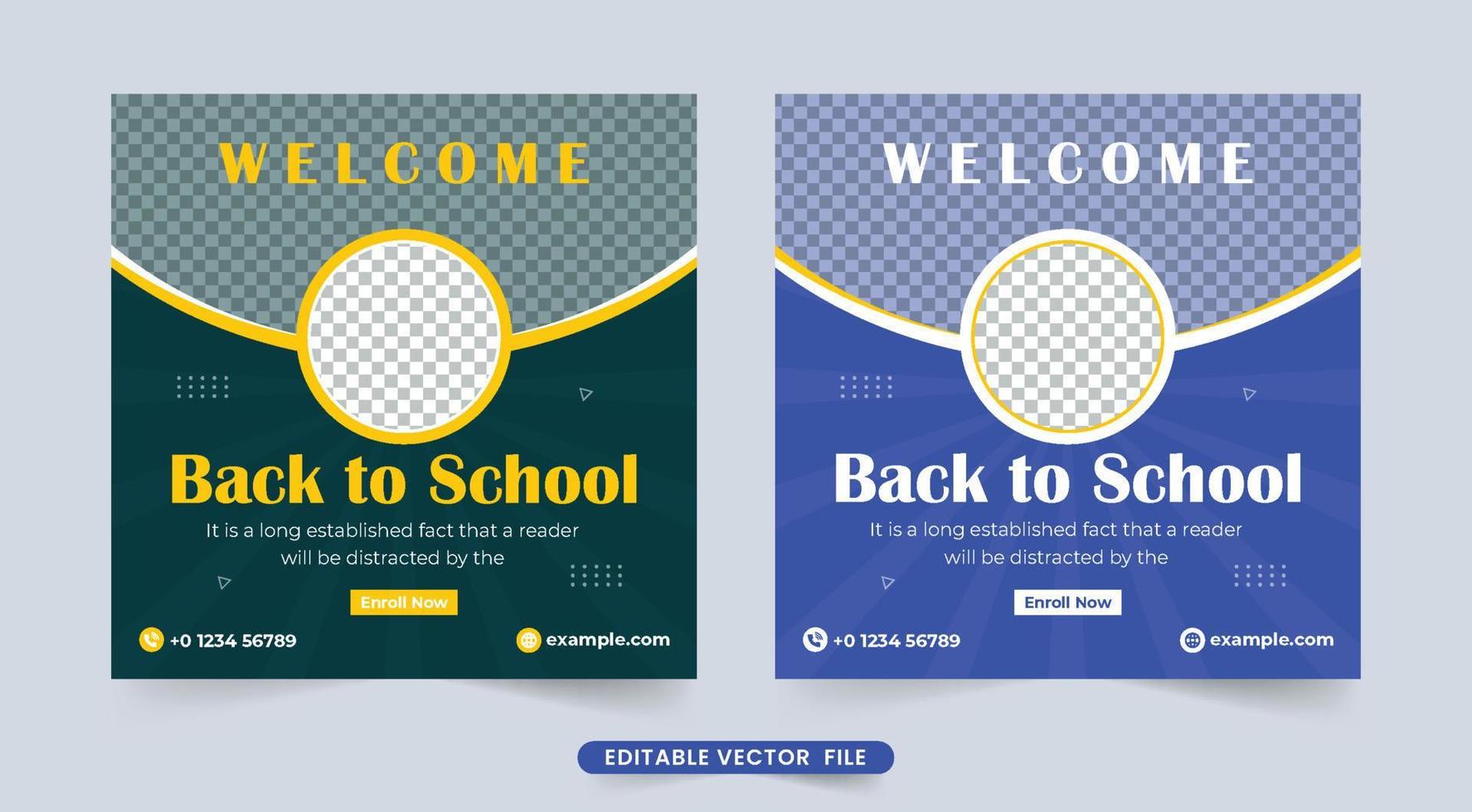 Creative school admission social media post design with abstract shapes. School education and academic poster vector with dark and blue colors. College Registration web banner template vector.