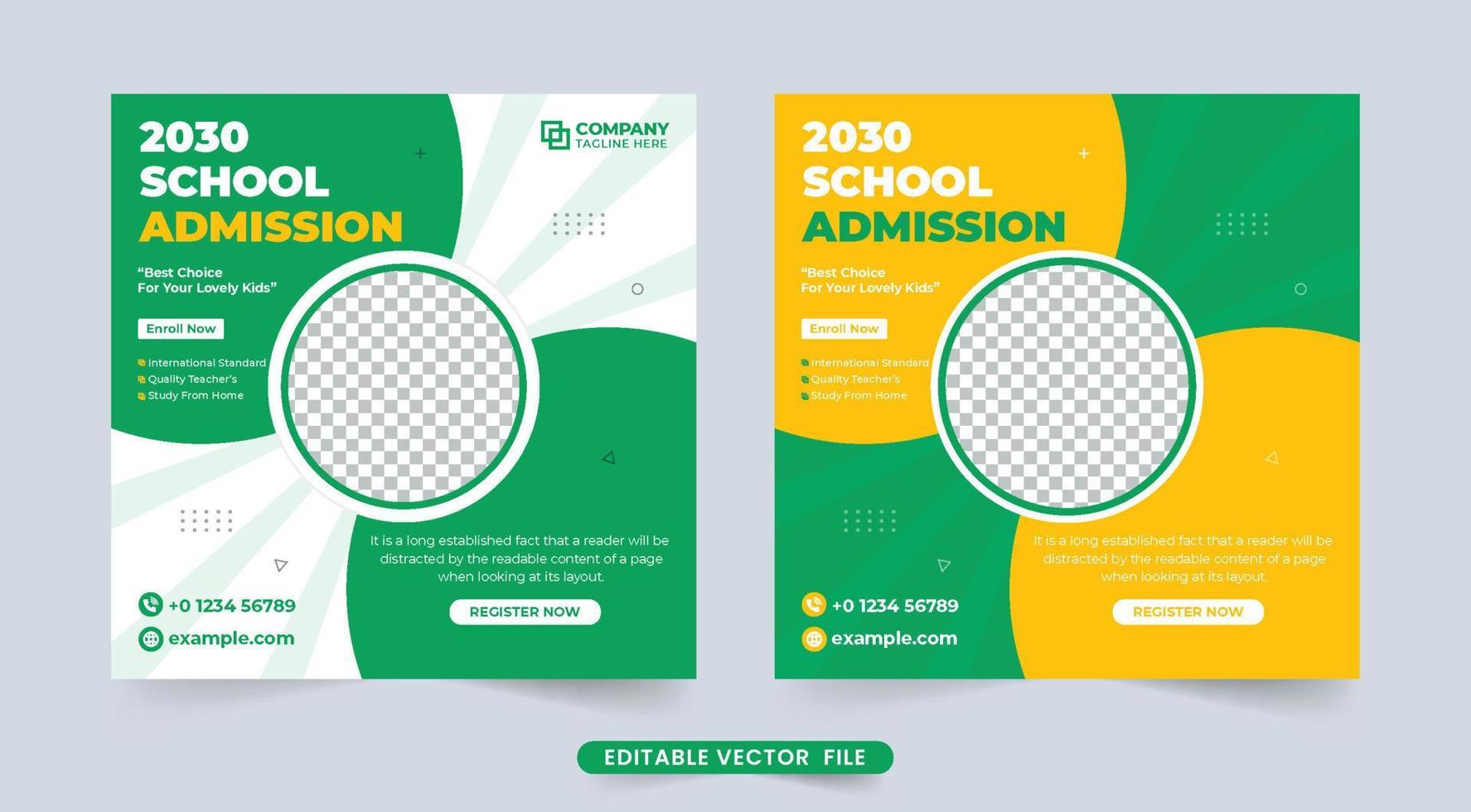 vector de publicación de redes sociales de admisión a la escuela con formas redondas creativas. plantilla de promoción de cursos académicos con colores amarillo y verde. regreso a la escuela y diseño de plantilla de propósito de estudio.