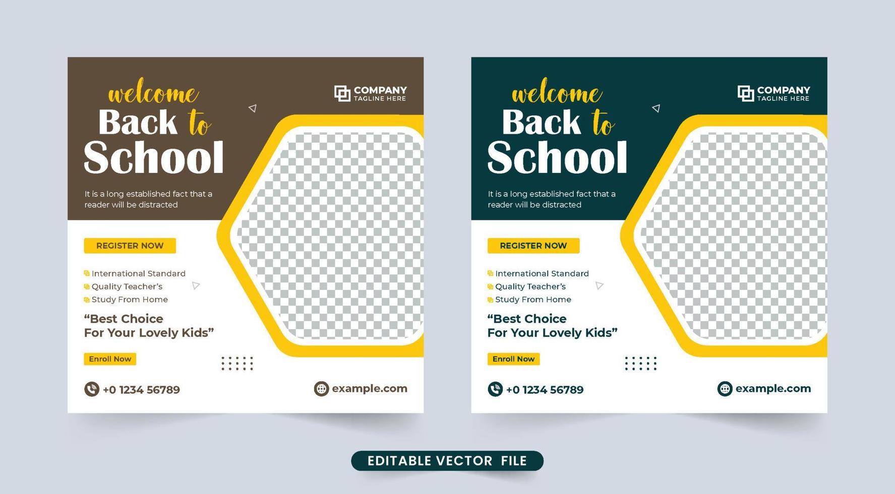 Back-to-school social media post design with dark and coffee colors. Standard school admission template vector for promotion. Academic course advertisement and school admission template.