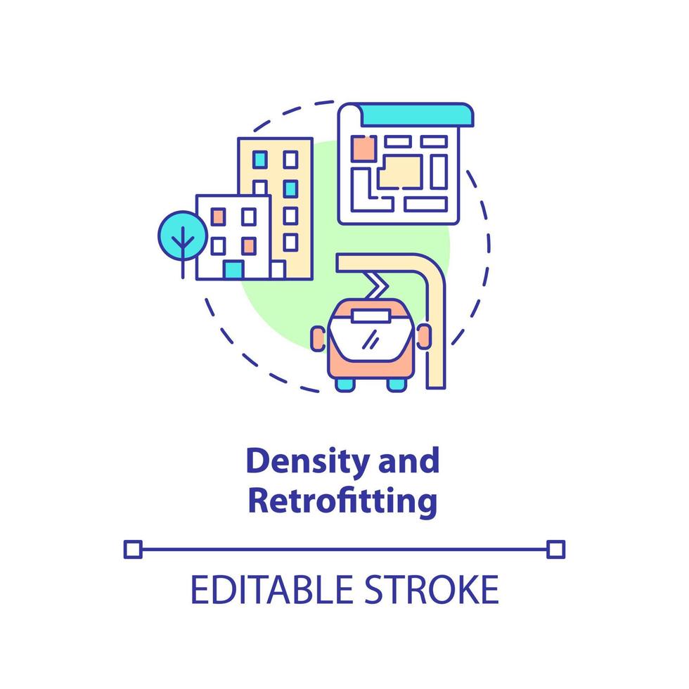 Density and retrofitting concept icon. Green urbanism principle abstract idea thin line illustration. Transport systems. Isolated outline drawing. Editable stroke. vector
