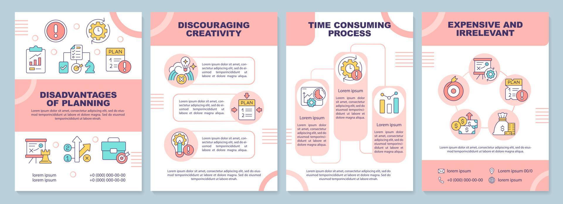 Disadvantages of planning pink brochure template. Bad strategy. Leaflet design with linear icons. Editable 4 vector layouts for presentation, annual reports.