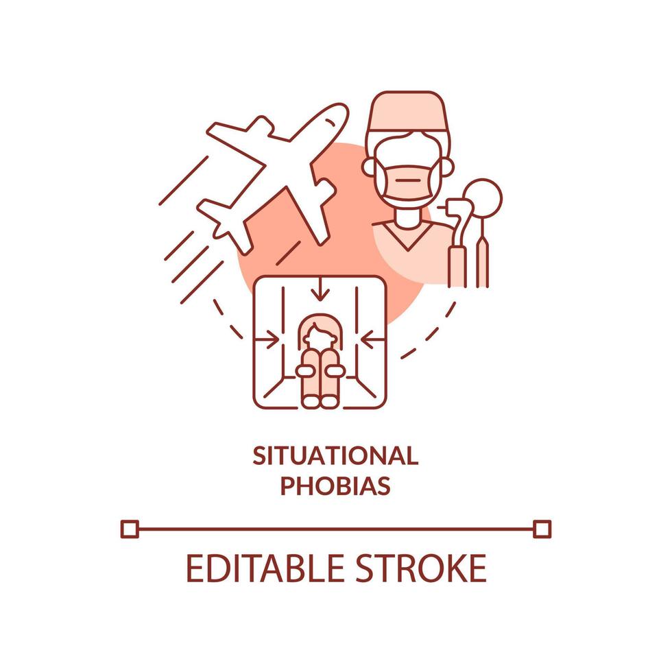 Situational phobias red concept icon. Anxiety disorder. Specific phobias abstract idea thin line illustration. Isolated outline drawing. Editable stroke. vector