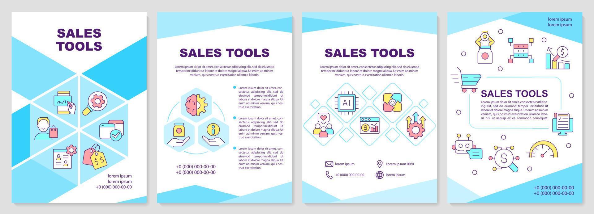 Sales tools blue brochure template. Promotion and marketing. Leaflet design with linear icons. Editable 4 vector layouts for presentation, annual reports.