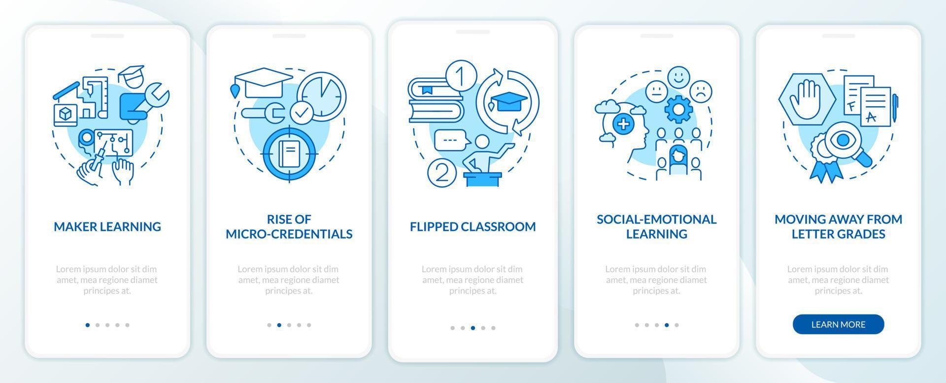 Trends in education blue onboarding mobile app screen. Learning walkthrough 5 steps editable graphic instructions with linear concepts. UI, UX, GUI template. vector