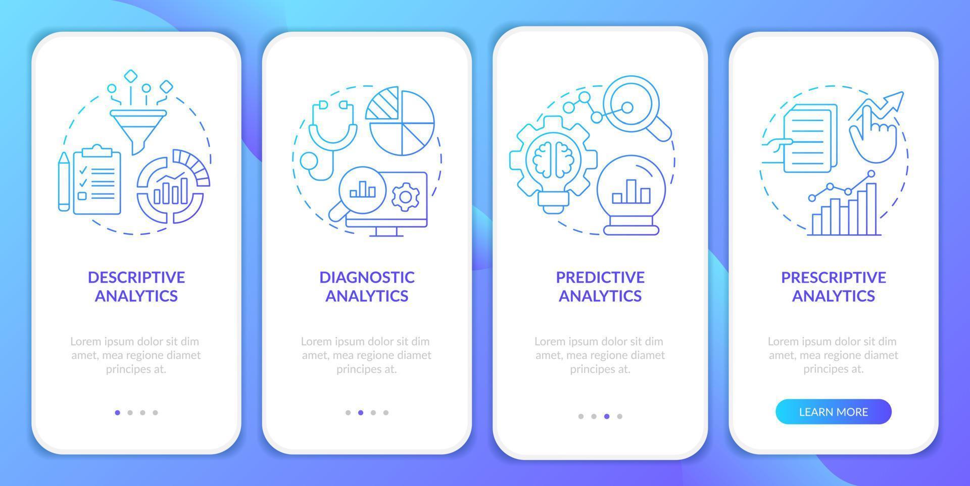 Variety of data analytics blue gradient onboarding mobile app screen. Walkthrough 4 steps graphic instructions pages with linear concepts. UI, UX, GUI template. vector