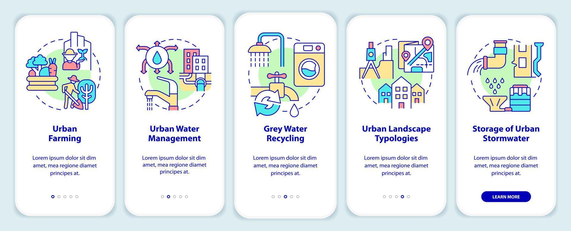 agua y biodiversidad en el urbanismo verde incorporando la pantalla de la aplicación móvil. tutorial 5 pasos páginas de instrucciones gráficas con conceptos lineales. interfaz de usuario, ux, plantilla de interfaz gráfica de usuario. vector