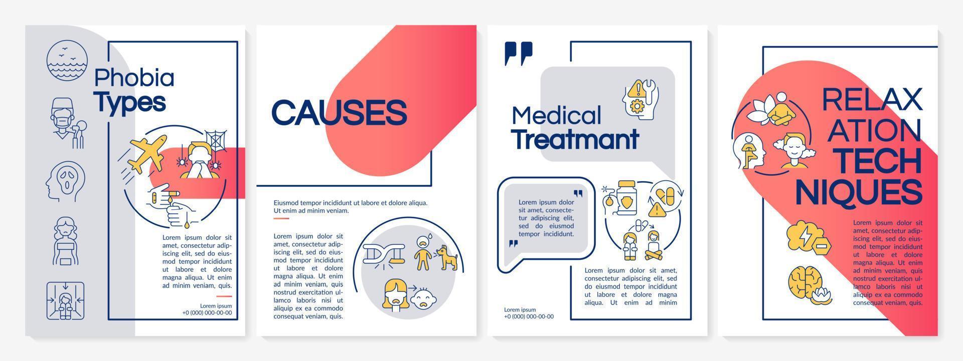 Phobias and fears red and grey brochure template. Causes and treatment. Leaflet design with linear icons. 4 vector layouts for presentation, annual reports.