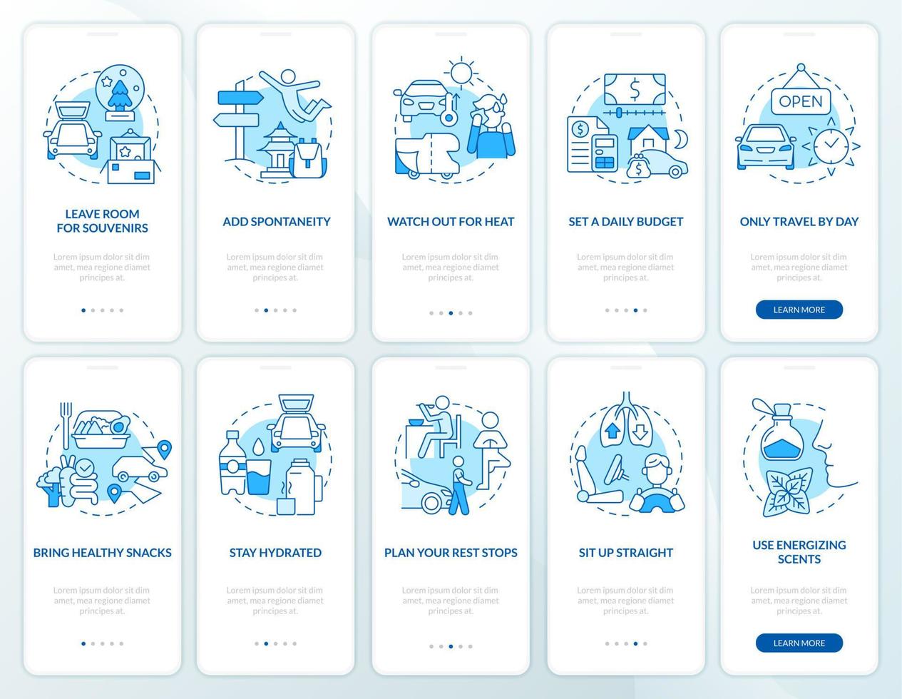 Comfortable road trip blue onboarding mobile app screen set. Walkthrough 5 steps editable graphic instructions with linear concepts. UI, UX, GUI template. vector