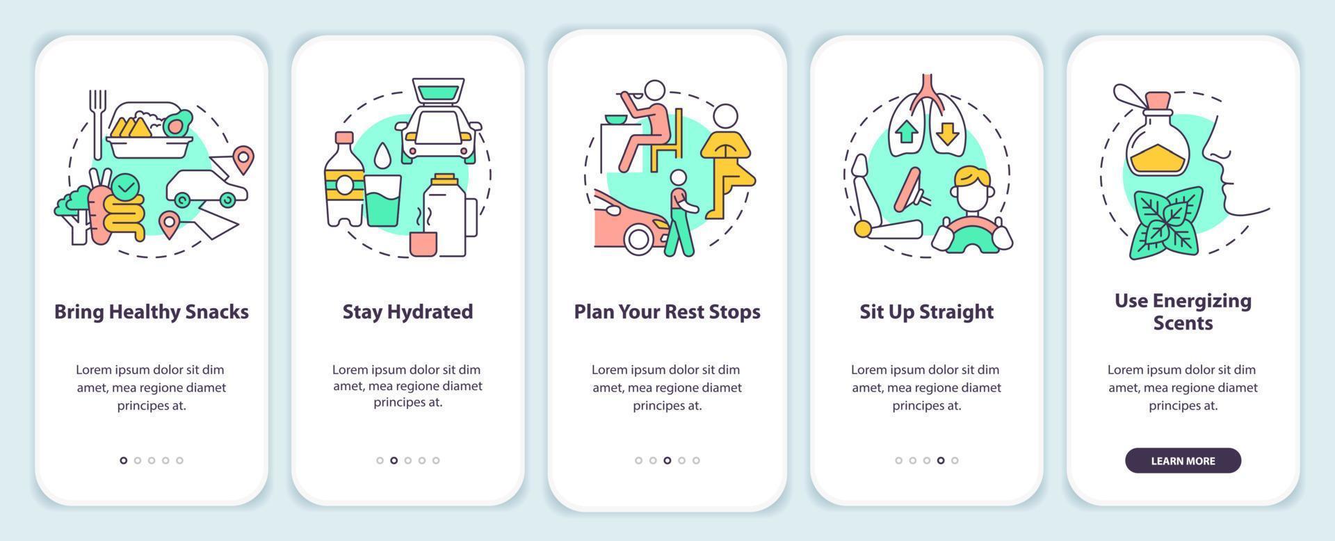 Road trip healthy habits onboarding mobile app screen. Car tourism walkthrough 5 steps editable graphic instructions with linear concepts. UI, UX, GUI template. vector