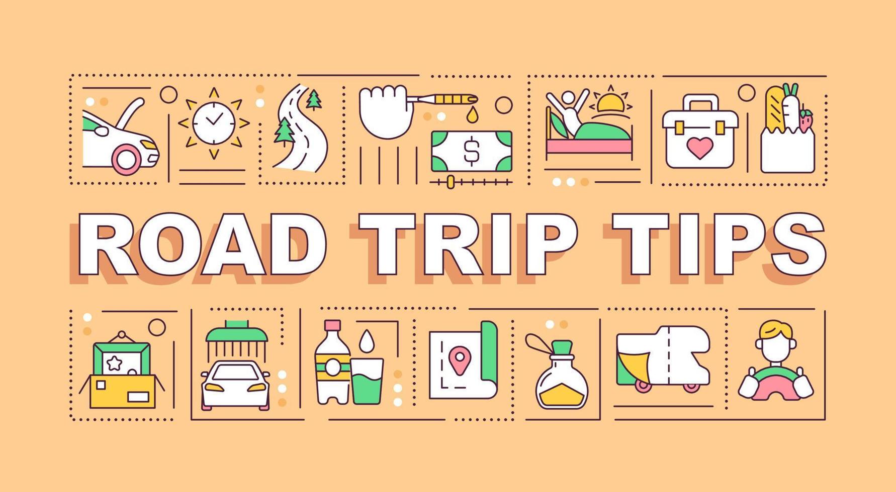 Road trip tips word concepts orange banner. Car travel. Infographics with editable icons on color background. Isolated typography. Vector illustration with text.