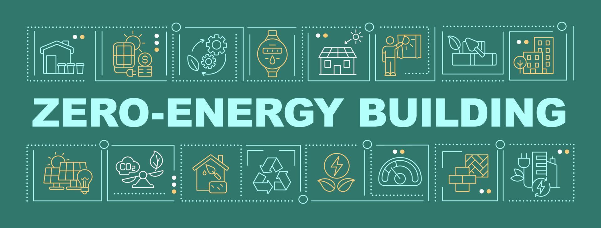 Net zero energy building word concepts dark green banner. Alternative resources. Infographics with icons on color background. Isolated typography. Vector illustration with text.