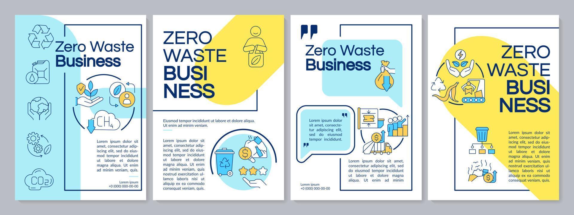 Plantilla de folleto azul y amarillo de Zero Waste Company. reciclaje. diseño de folletos con iconos lineales. 4 diseños vectoriales editables para presentación, informes anuales. vector