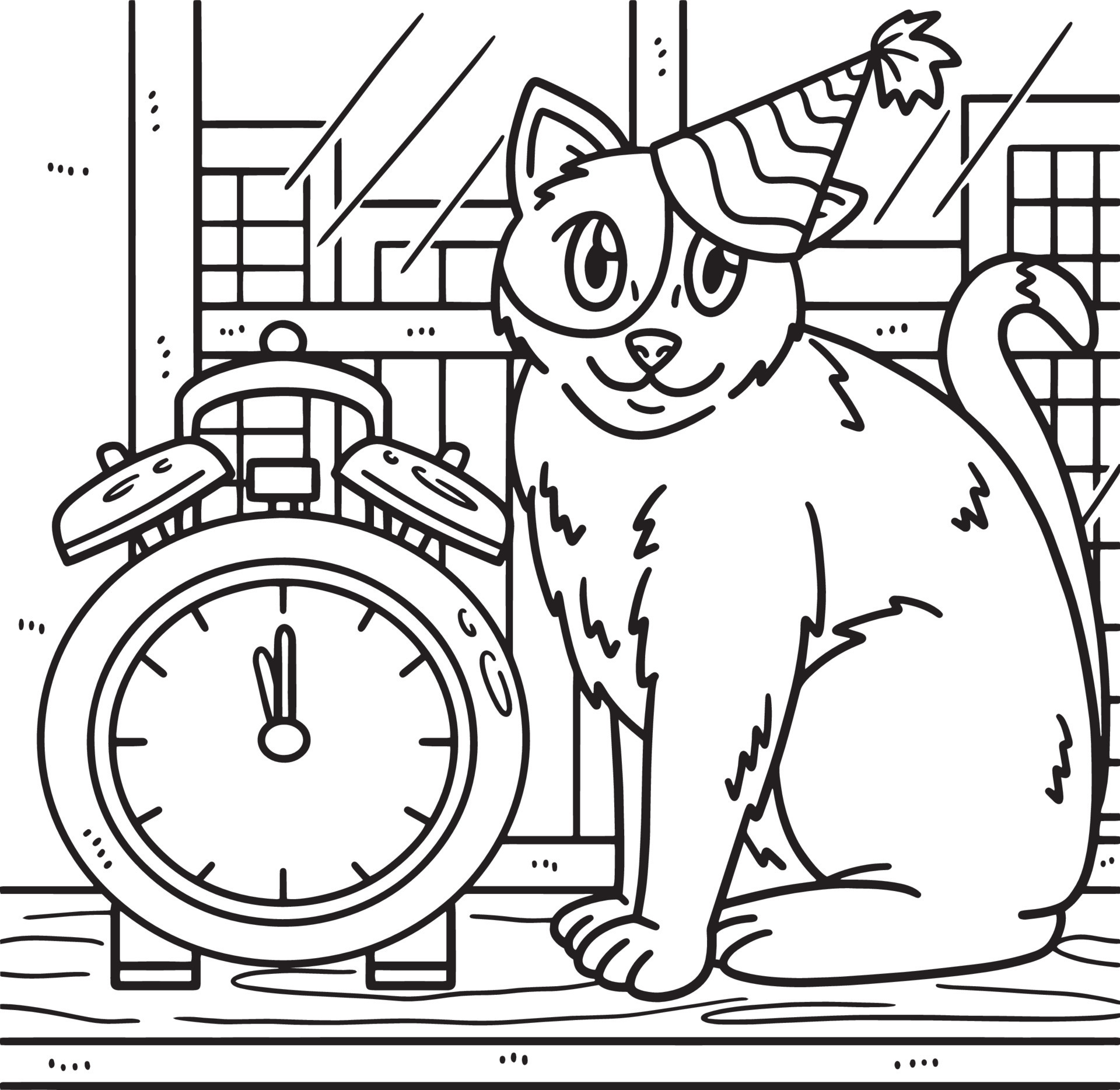 New Year Countdown Cat And Clock Coloring Page 11415629 Vector Art at 