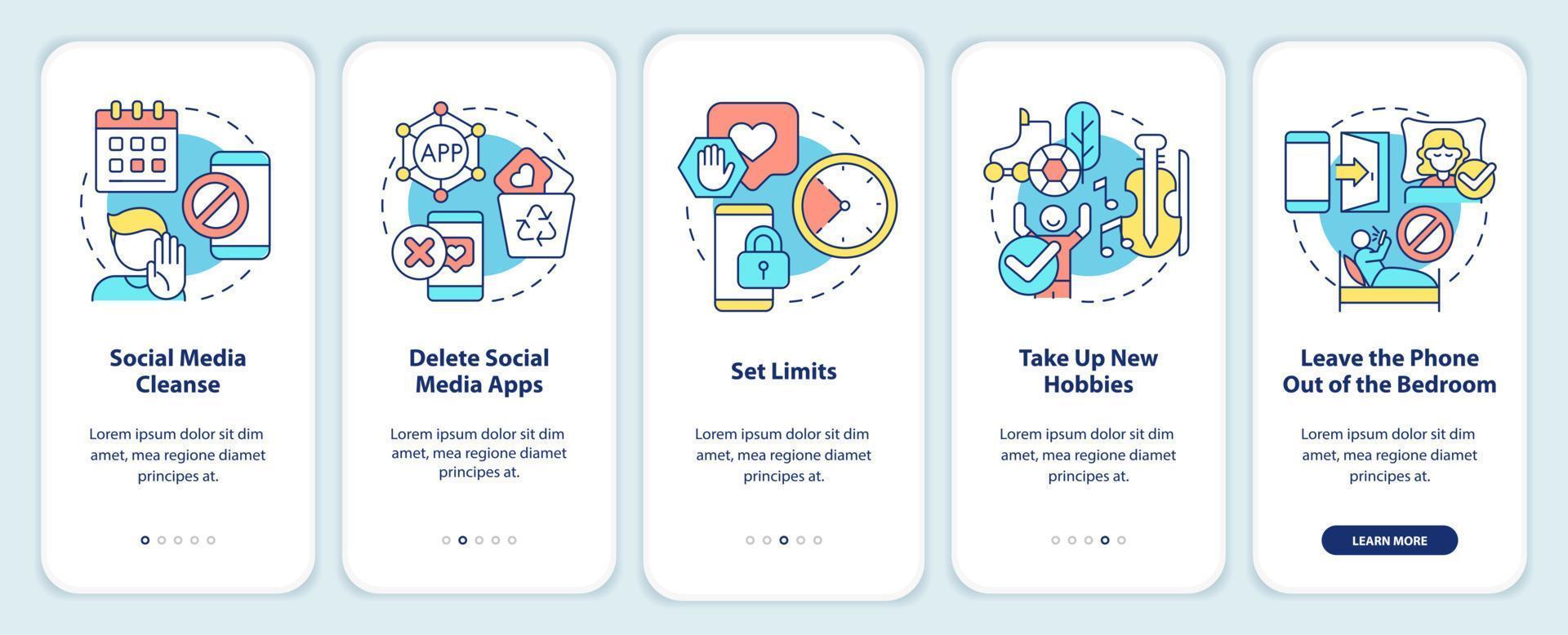 Ways to break social media addiction onboarding mobile app screen. Detox walkthrough 5 steps graphic instructions pages with linear concepts. UI, UX, GUI template. vector