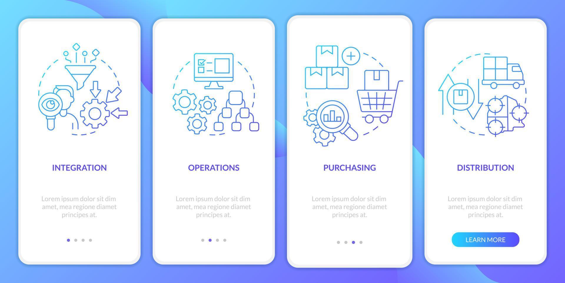 Elements of supply chain management blue gradient onboarding mobile app screen. Walkthrough 4 steps graphic instructions with linear concepts. UI, UX, GUI template. vector