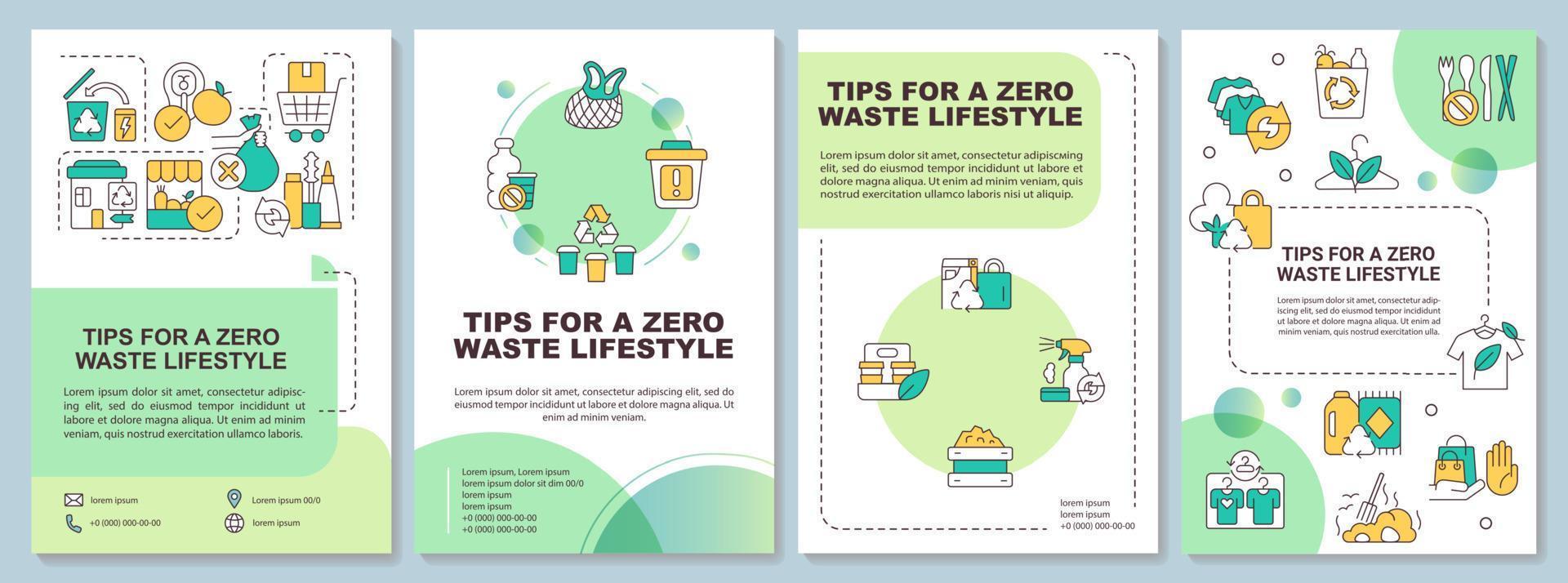 Living zero waste life advices green brochure template. Leaflet design with linear icons. Editable 4 vector layouts for presentation, annual reports.