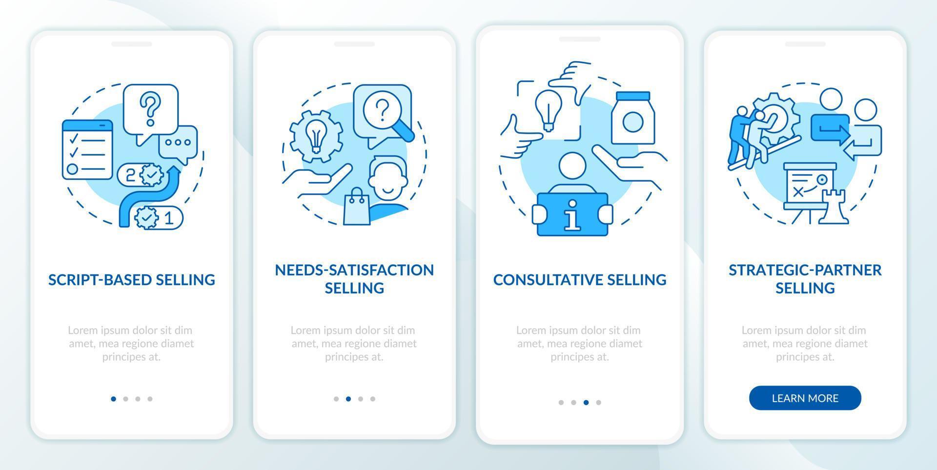 Selling strategies blue onboarding mobile app screen. Marketing walkthrough 4 steps editable graphic instructions with linear concepts. UI, UX, GUI template. vector