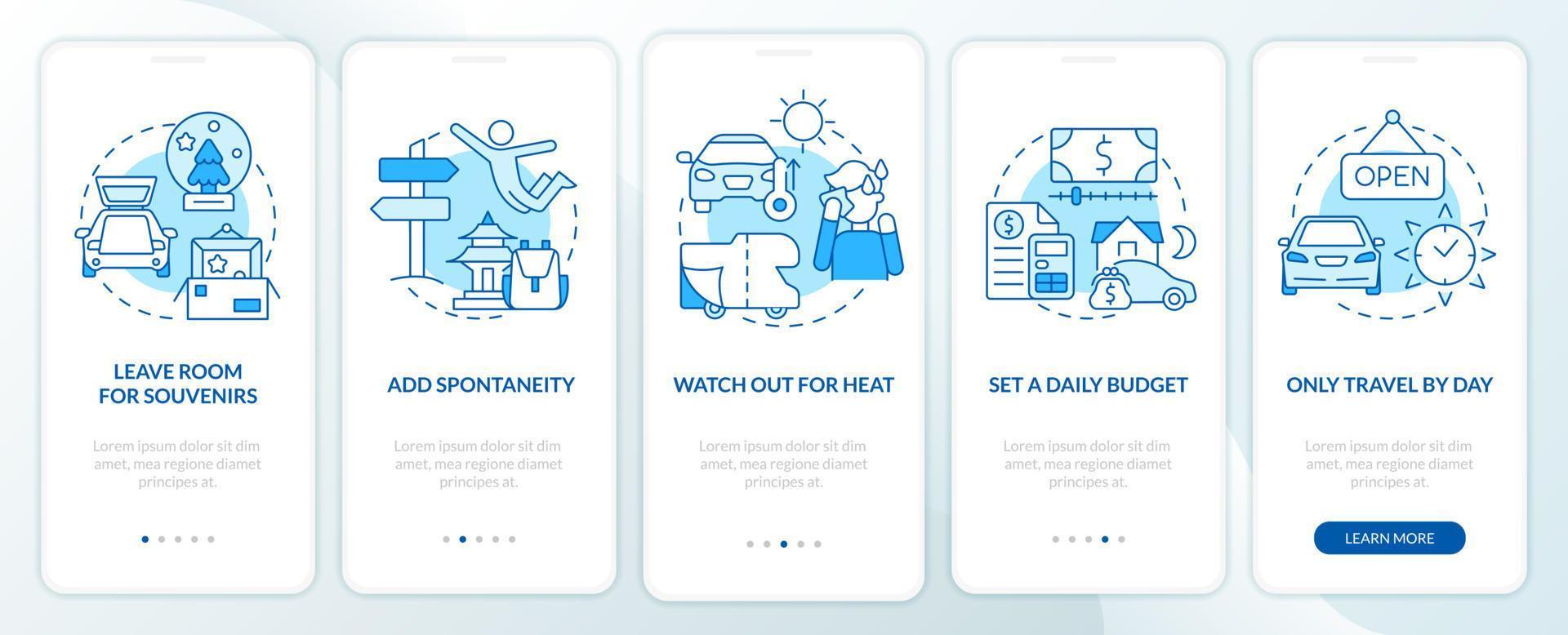 consejos de viaje por carretera pantalla azul de la aplicación móvil de incorporación. Tutorial de viaje en automóvil 5 pasos instrucciones gráficas editables con conceptos lineales. interfaz de usuario, ux, plantilla de interfaz gráfica de usuario. vector