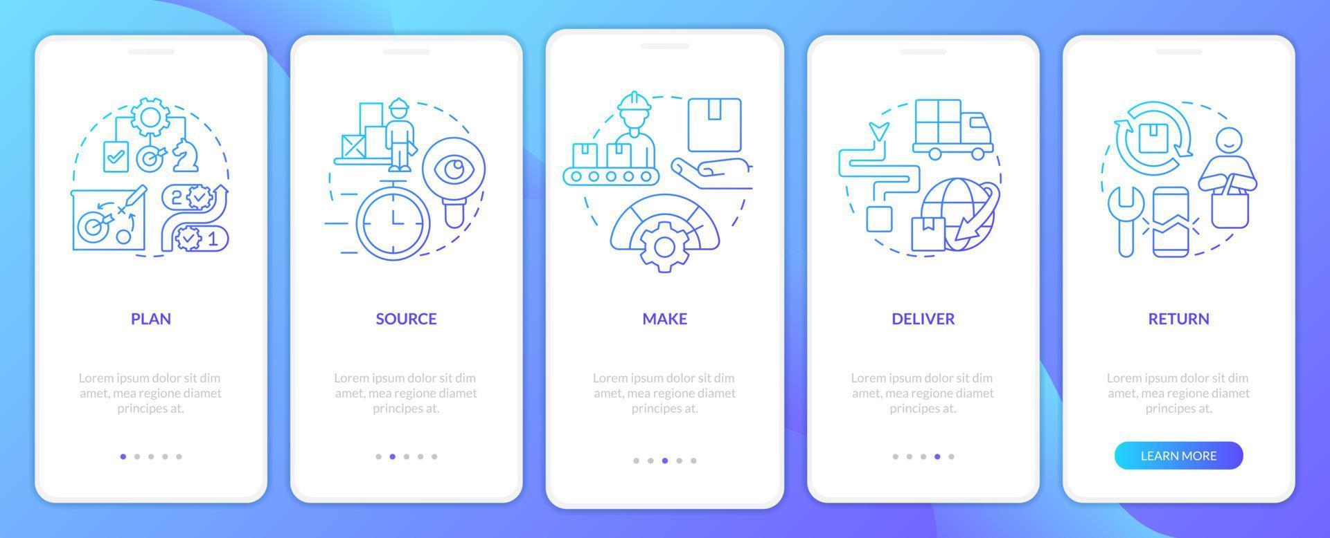 Supply chain management components blue gradient onboarding mobile app screen. Walkthrough 5 steps graphic instructions with linear concepts. UI, UX, GUI template. vector