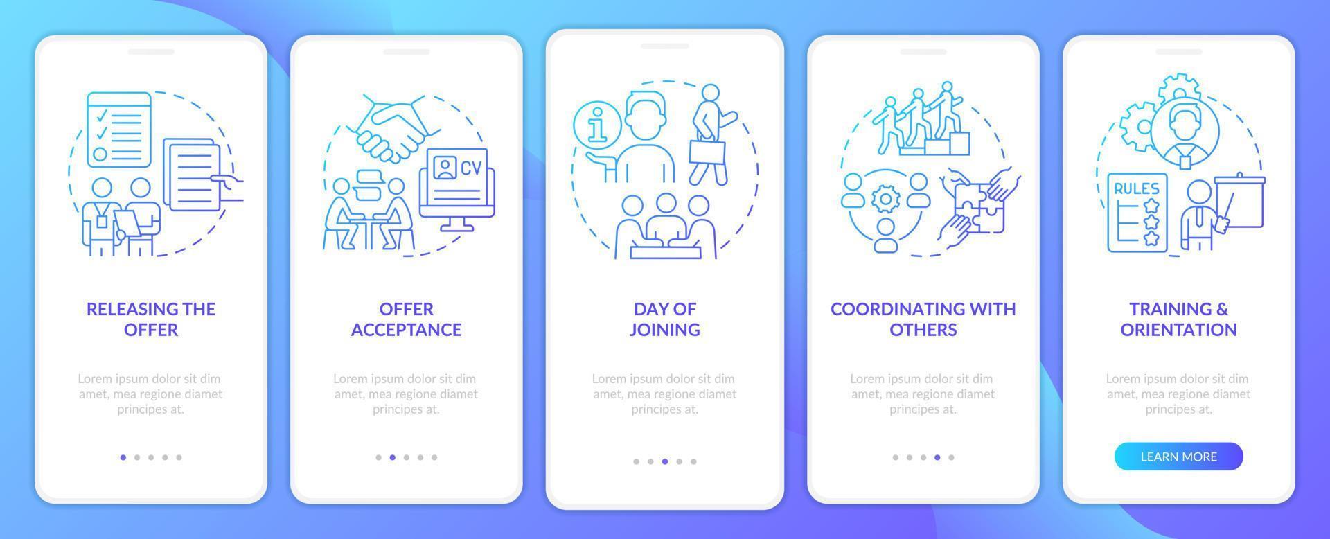 Team joining process blue gradient onboarding mobile app screen. Employment walkthrough 5 steps graphic instructions with linear concepts. UI, UX, GUI template. vector