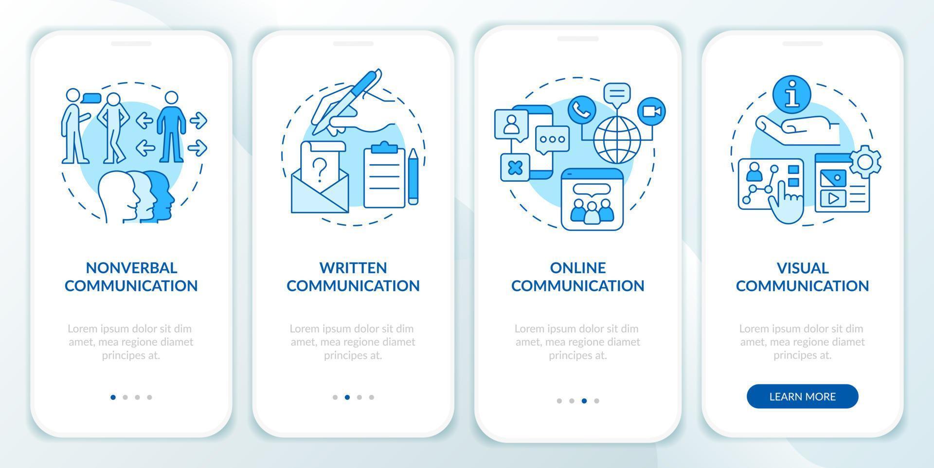 formas de comunicarse con la pantalla azul de la aplicación móvil de incorporación de personas. tutorial 4 pasos páginas de instrucciones gráficas con conceptos lineales. interfaz de usuario, ux, plantilla de interfaz gráfica de usuario. vector