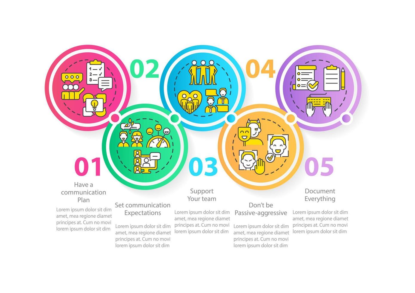 plantilla de infografía de rectángulo de gestión de comunicación efectiva. visualización de datos con 5 pasos. gráfico de información de la línea de tiempo del proceso. diseño de flujo de trabajo con iconos de línea. vector